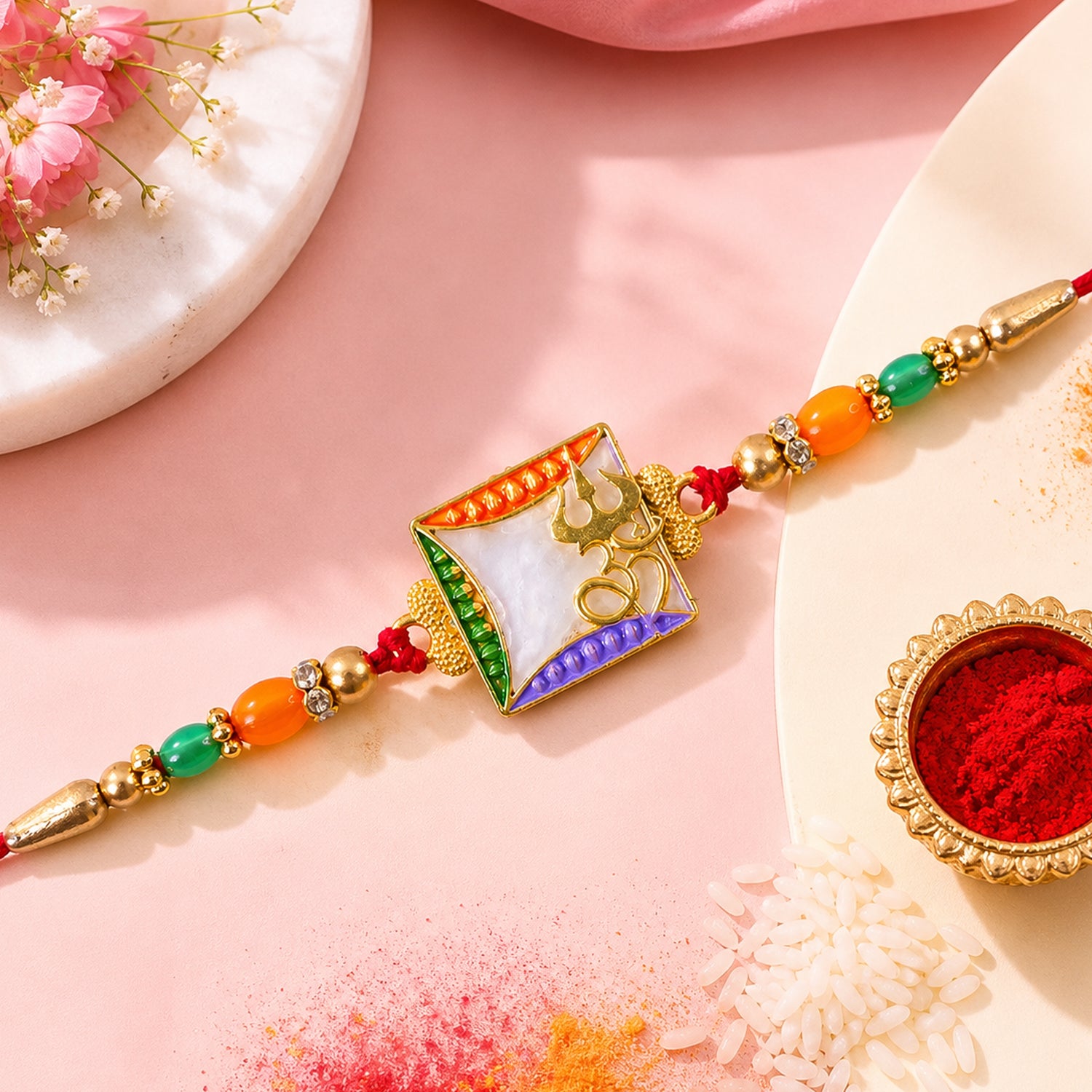 Elegant Rakhi with Square Floral Charm, bead line and chain look for Gift Styling