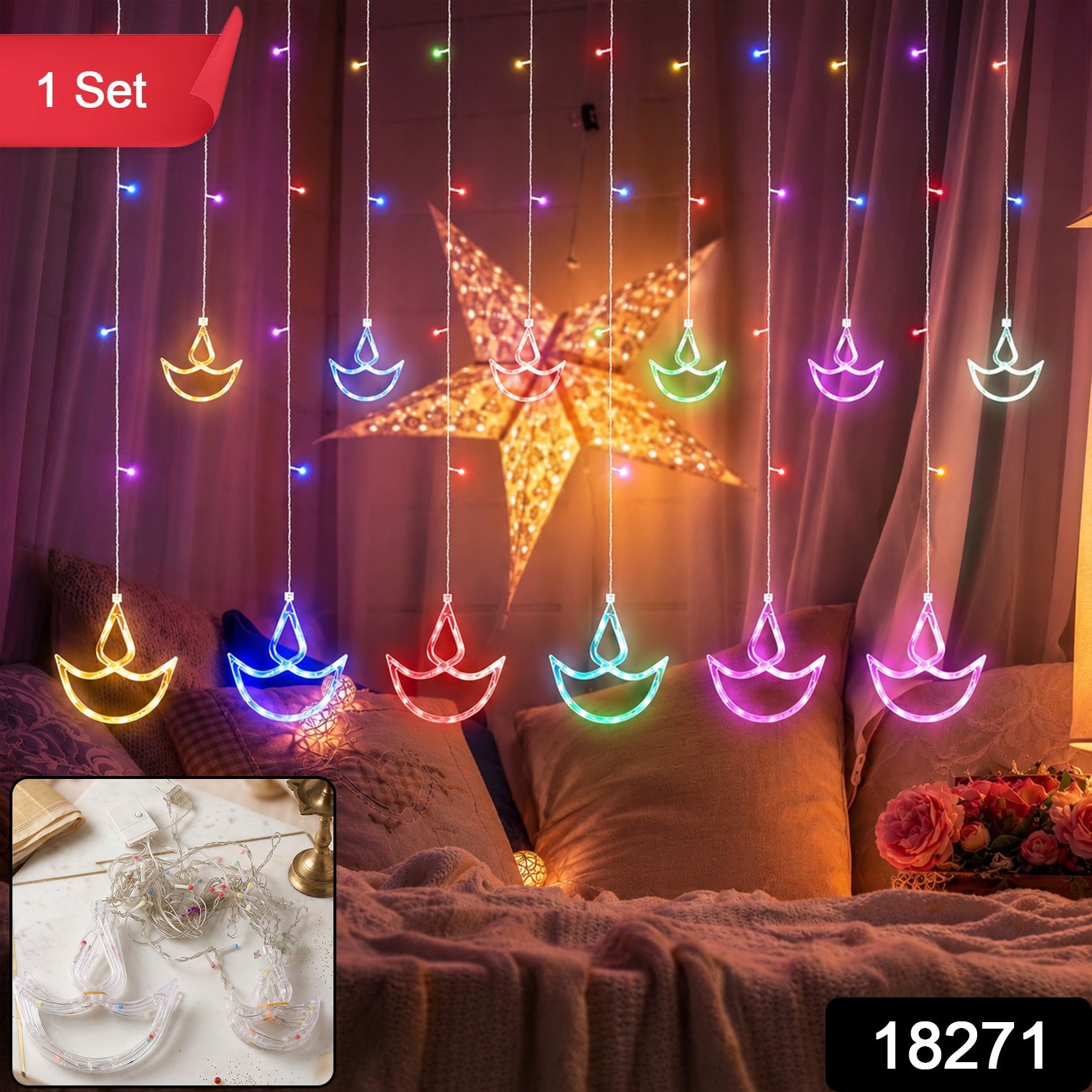 12 Diya Multicolour LED Curtain String Light for Diwali Decoration (1 Set)