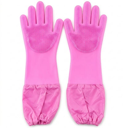 Long Cuff Silicone Scrubber Cleaning Gloves for Kitchen and Home Use