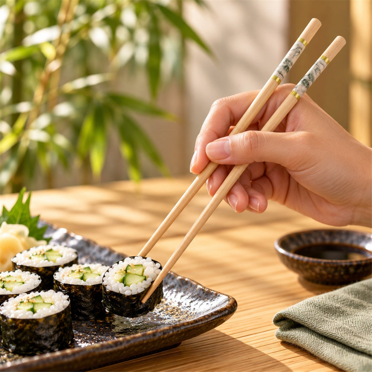 Bamboo Chopsticks with Decorative Bands for Noodles and Sushi Use (10 Pair)