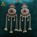 Kashmiri Oxidised Silver Long Earrings – Ethnic Floral Design