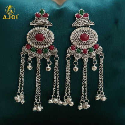 Kashmiri Style Oxidised Silver Long Earrings For Women And Girls