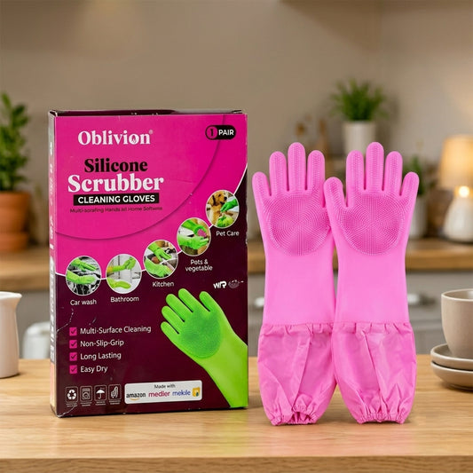 Long Cuff Silicone Scrubber Cleaning Gloves for Kitchen and Home Use