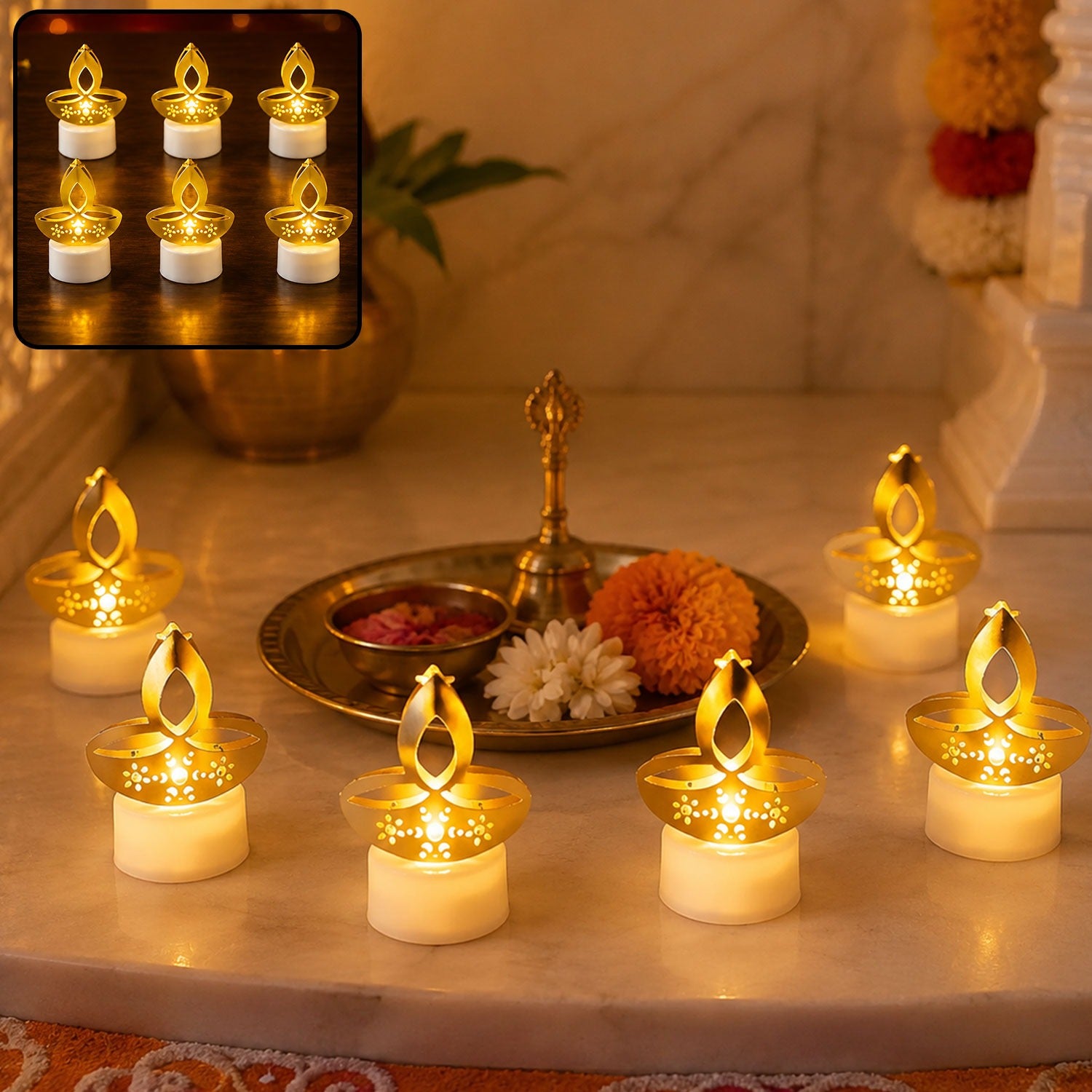 Golden Diya LED Tealight Candles – Elegant Flameless Decor (6 Pc Set)