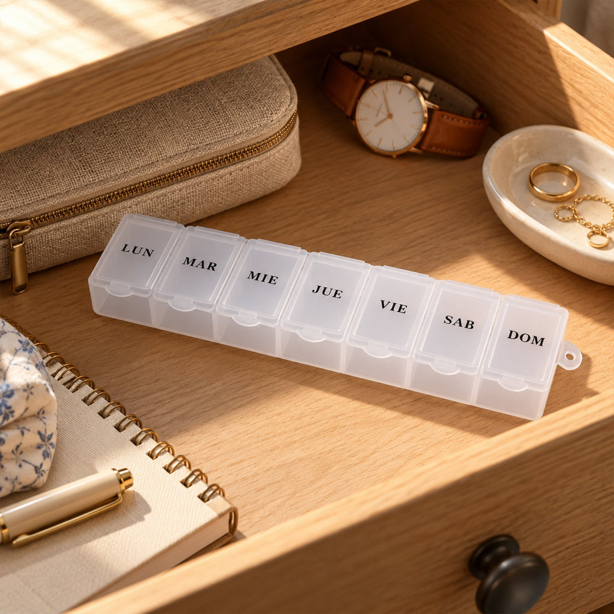 A translucent 7-day pill organizer rests on a wooden dresser drawer next to a watch, rings, and a pen.