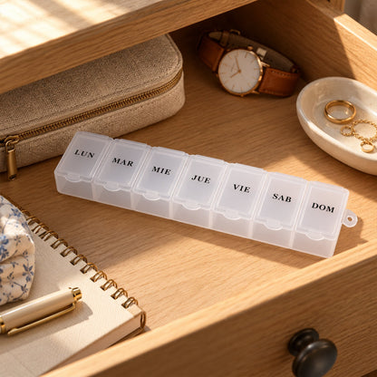 A translucent 7-day pill organizer rests on a wooden dresser drawer next to a watch, rings, and a pen.
