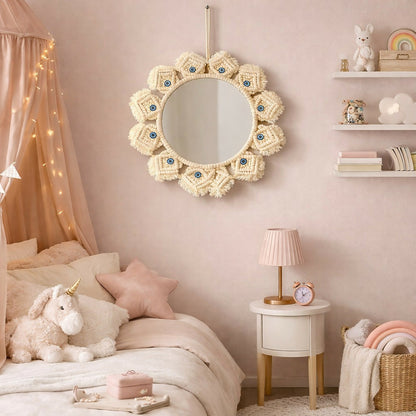 Close-up of intricate cotton rope macrame frame on wall mirror
