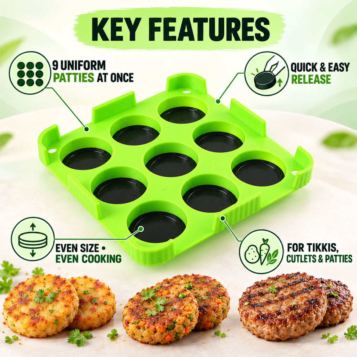 9 Cavity Cutlet and Aloo Tikki Maker Mould with Removable Base Inserts