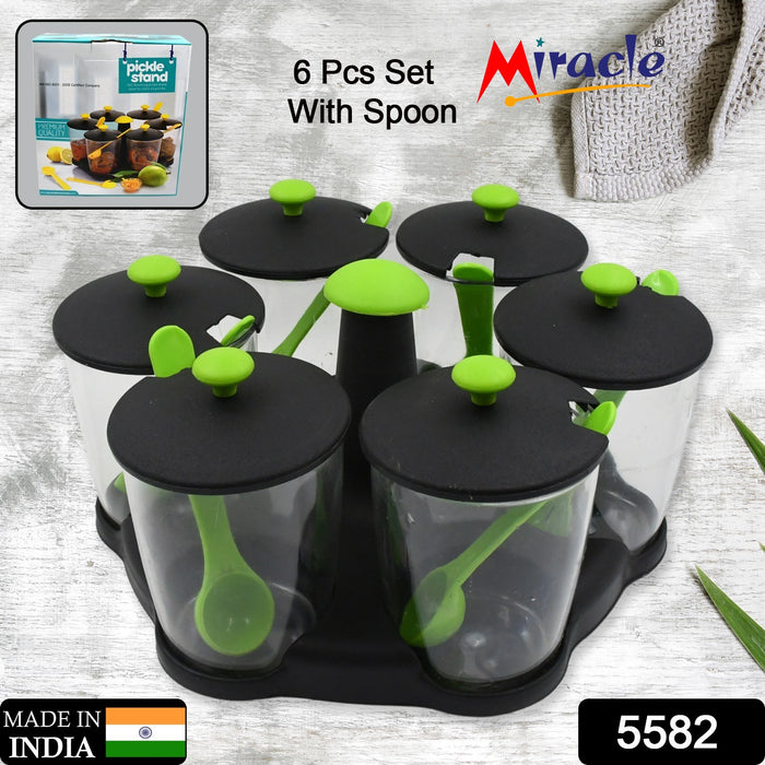 5582 Multipurpose 6 Piece Miracle Revolving Plastic Spice Container Rack With 6 Spoon, Condiment Set, Masala Rack Set, Revolving Spice Rack Aachar Container Chutney Mukhwas Tray Masala Dining Spice Stand