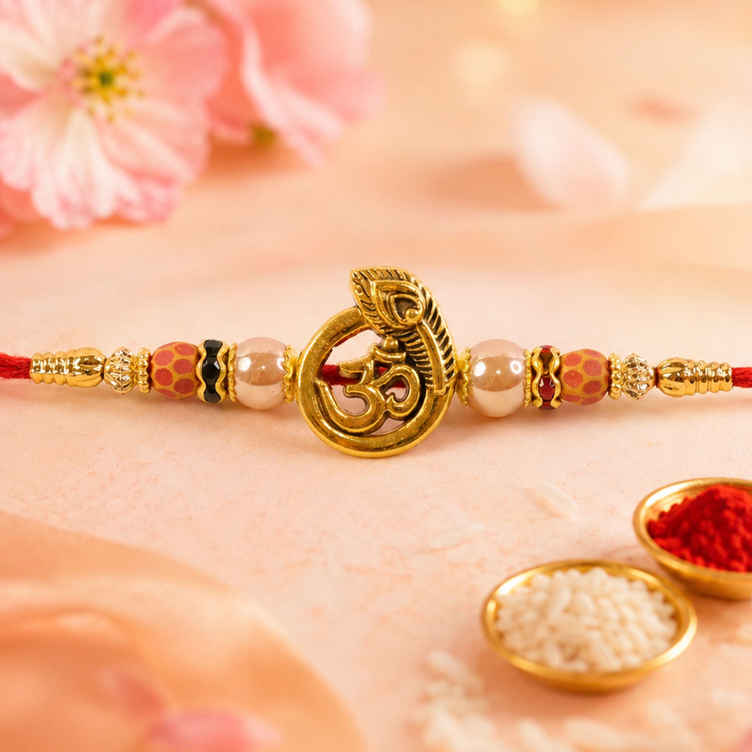 Om Peacock Golden Devotional Rakhi with Sacred Symbol, Pearl Beads and Red Thread