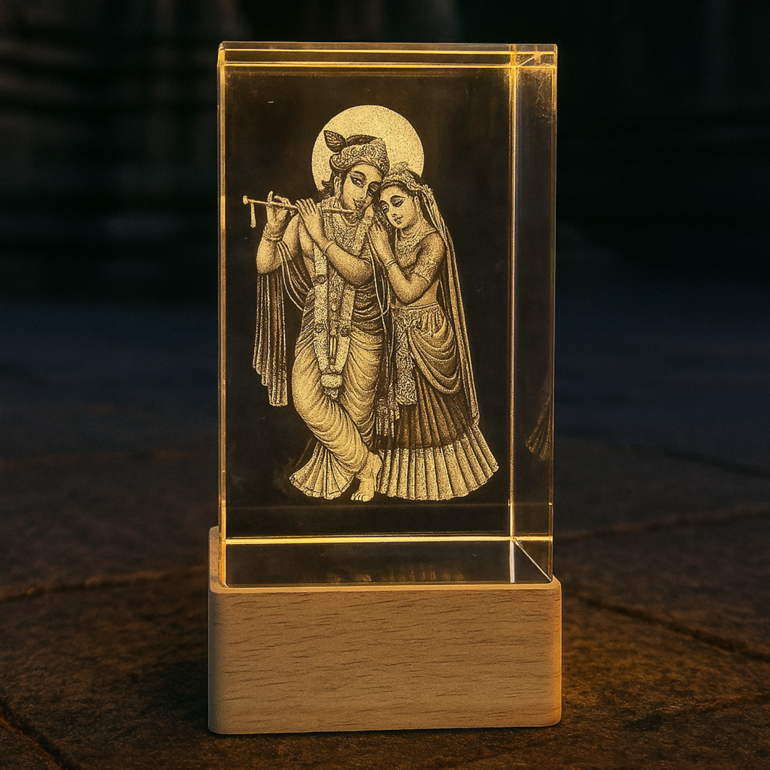 Radha Krishna 3D Crystal LED Night Lamp with Wooden Base – Divine Spiritual Gift for Home Décor, Office Desk, Puja Room, and Festive Lighting – Elegant Laser Engraved God Idol Showpiece