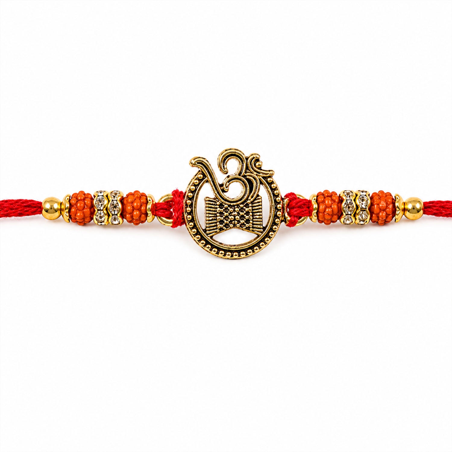Om Damru Trishul Devotional Rakhi with Golden Centre, Orange Beads and Red Thread