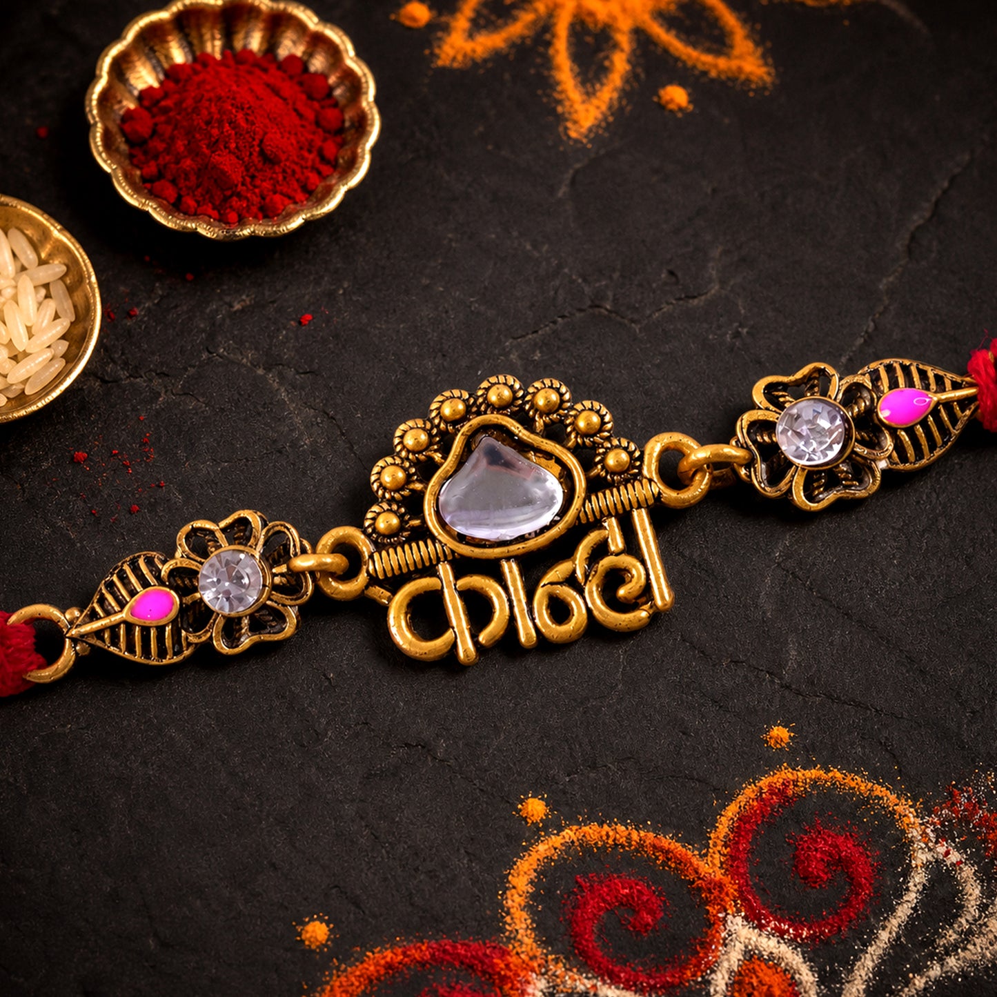 Antique Gold-Toned Kanha Rakhi with Kundan-Style Stone, Crystal Accents & Red Thread