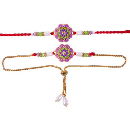 Floral Meenakari Bhai Bhabhi Lumba Rakhi with Pearl Hanging Pair