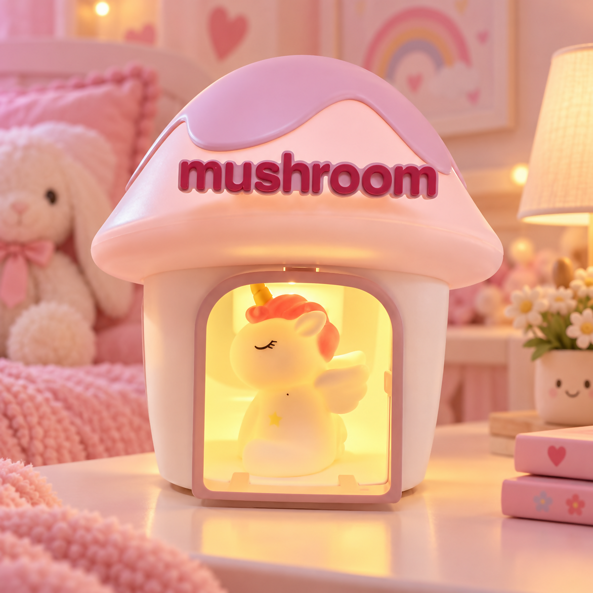 Pink mushroom house night light with a unicorn figure, placed on a bedside table with a knitted blanket.