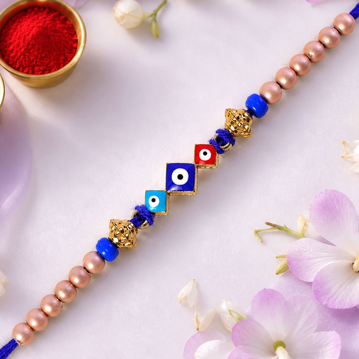 Triple Square Nazar Evil Eye Pearl Beads Designer Rakhi