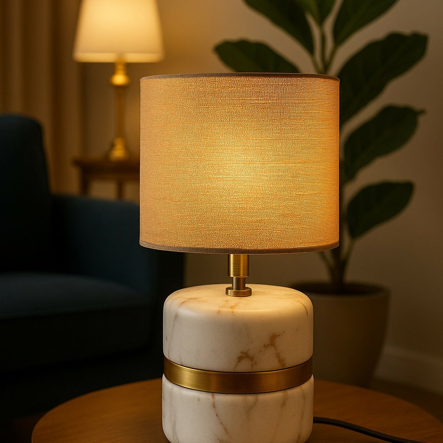 Luxury Marble Base Table Lamp with Warm Fabric Shade | Modern Decorative Bedside & Living Room Lamp | Golden Accent Night Lamp