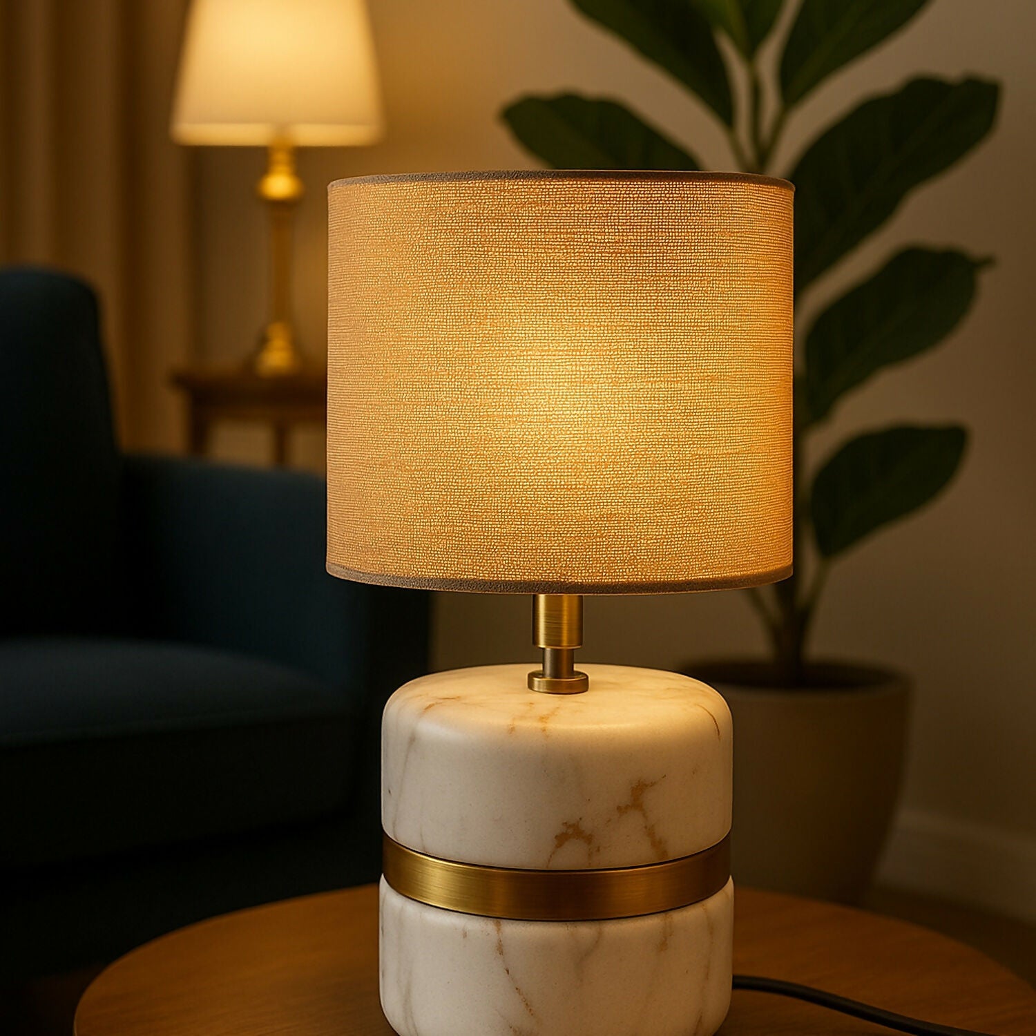 Luxury Marble Base Table Lamp with Warm Fabric Shade | Modern Decorative Bedside & Living Room Lamp | Golden Accent Night Lamp