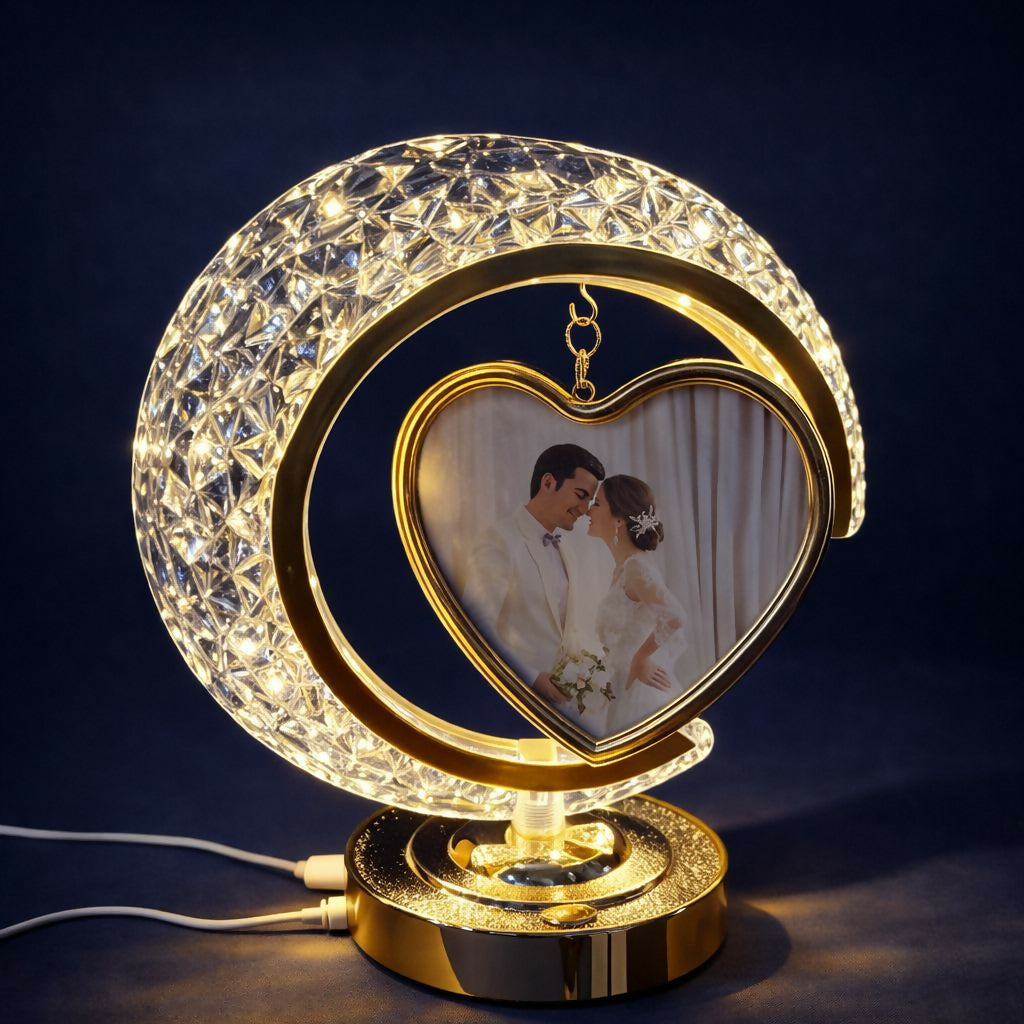 LED Crystal Heart Photo Frame Lamp with Decorative Base | Table Night Light