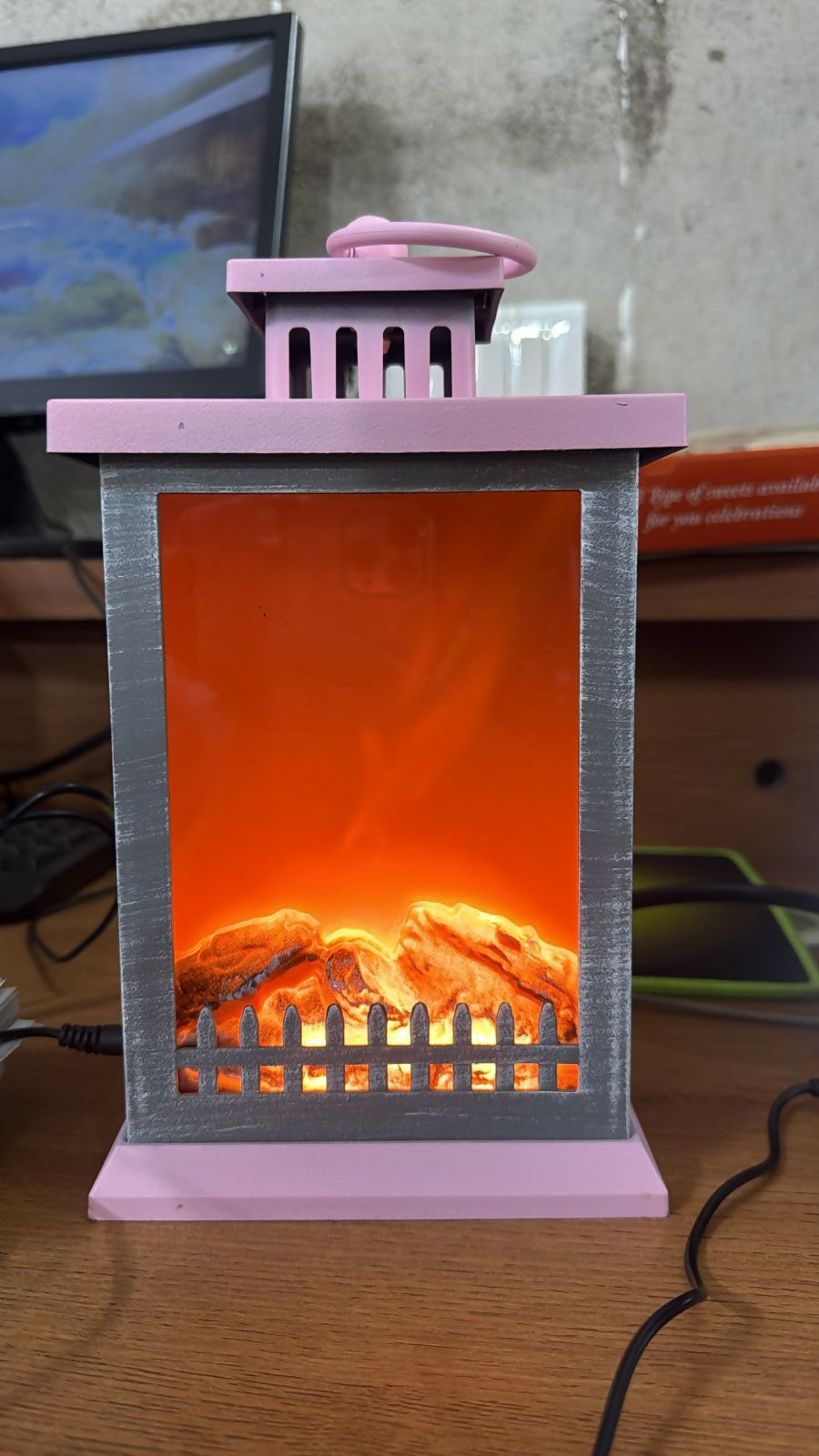 Compact LED fireplace lantern lamp on shelf for home decor
