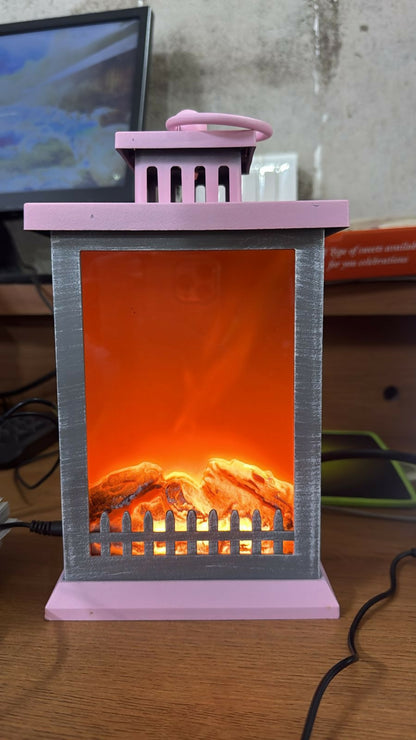 Compact LED fireplace lantern lamp on shelf for home decor