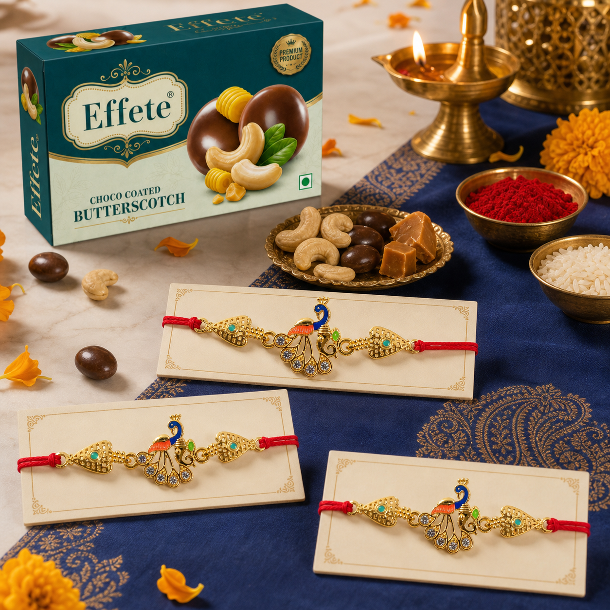 Peacock Kundan Rakhi with Butterscotch Chocolates, Pack of 3