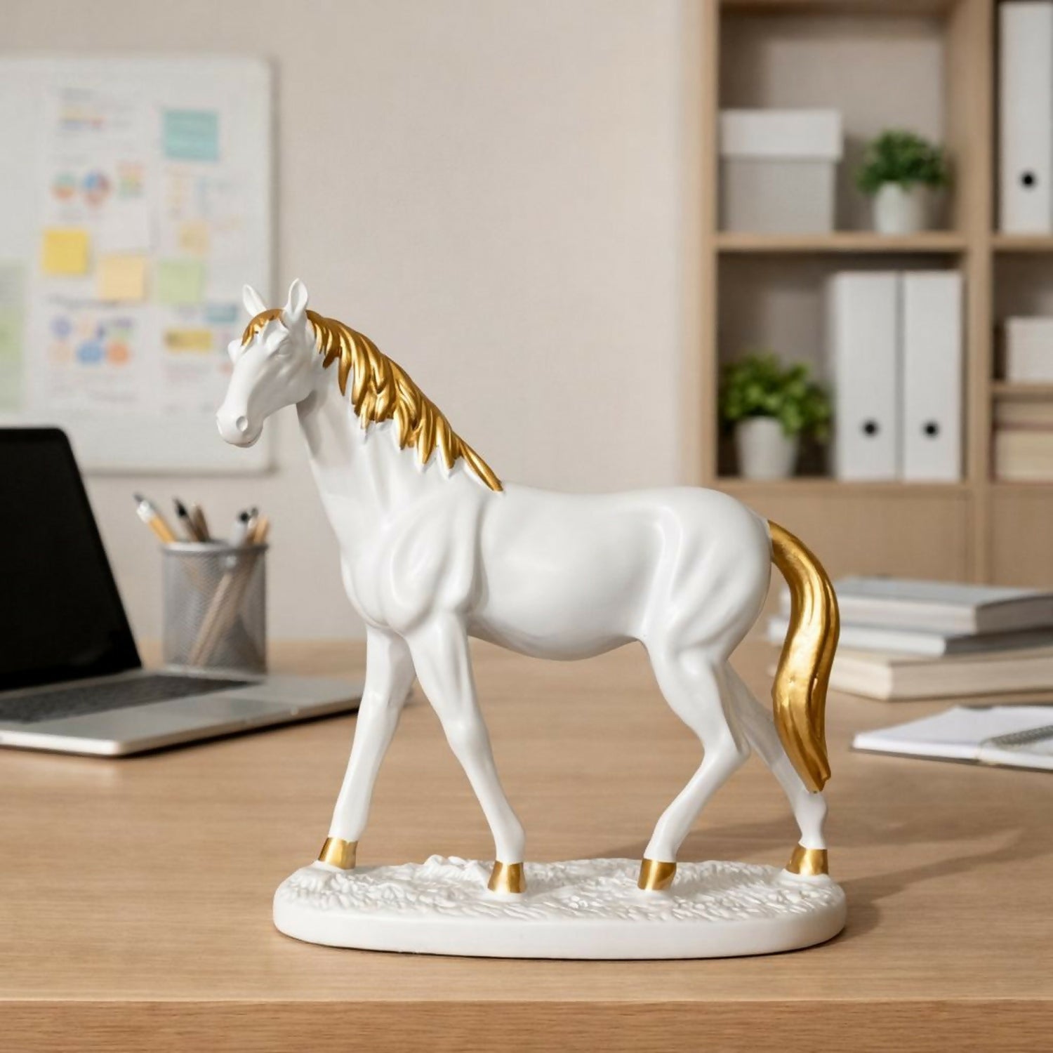 White Horse Showpiece for Home Decor with Gold Finish