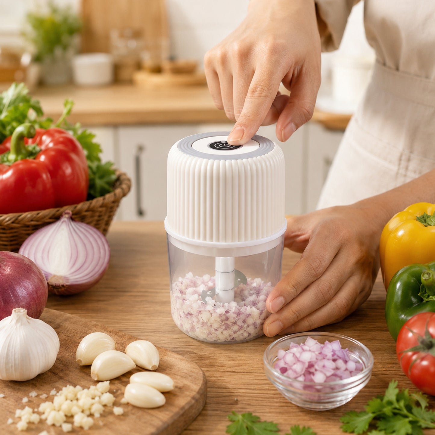 Chopping Onions with Mini Electric Garlic Chopper