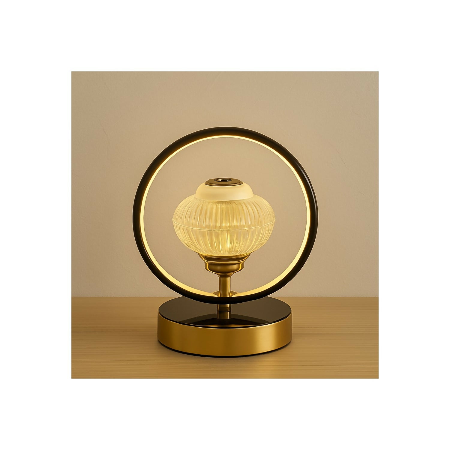 Modern Designer LED Table Lamp with Circular Ring Frame and Artistic Centerpiece Light – Elegant Ambient Lighting for Bedroom, Living Room, Office Desk, Study Table, Hotels & Gifting