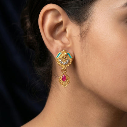 Antique Finish Radha Krishna Deity Oval Pendant with Crescent Drop Earring Set Double Strand Mangalsutra