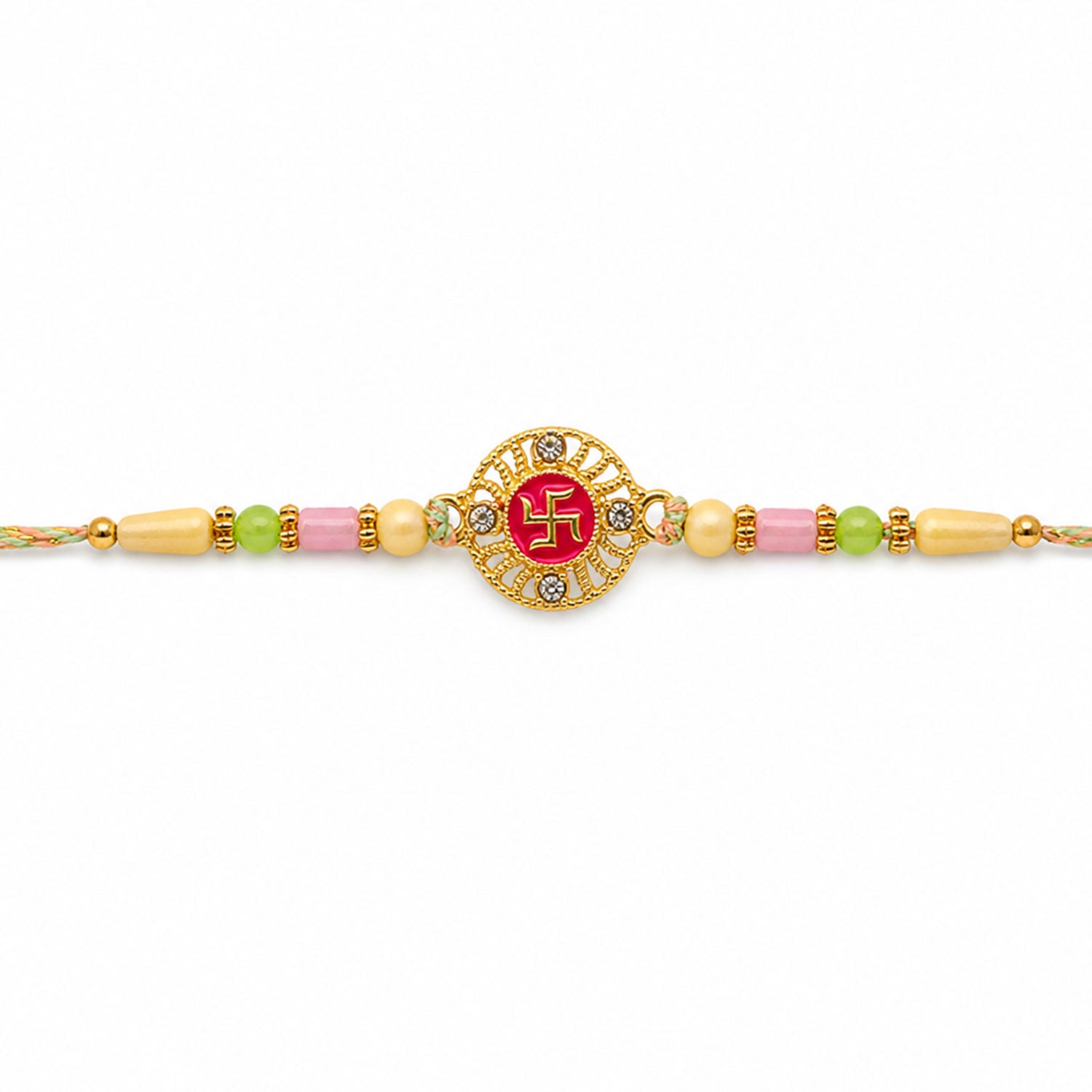 Swastik Pendant Rakhi with Kundan Stones and Pastel Beads