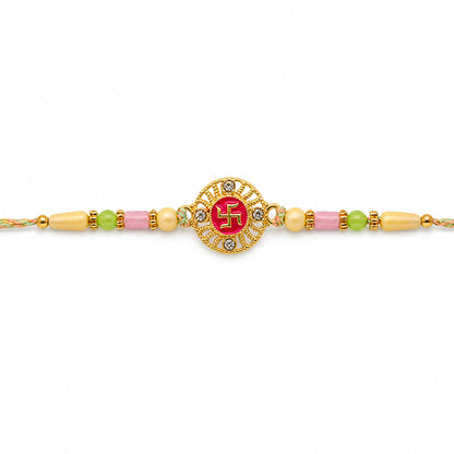 Swastik Pendant Rakhi with Kundan Stones and Pastel Beads