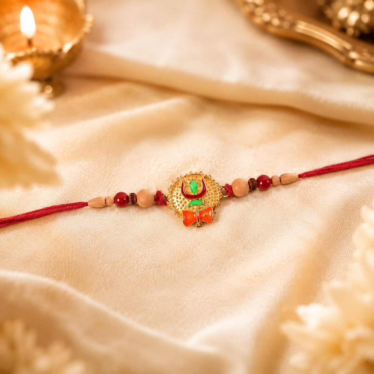 Tiny Trishul Damru Rakhi with Green Stone Center and Minimal Red Thread