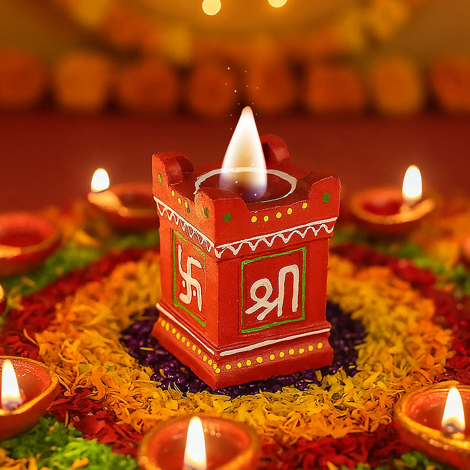 Traditional Handcrafted Square Diya Set of 4 – Decorative Clay Oil Lamp with Swastik & Shree Design for Festivals & Pooja