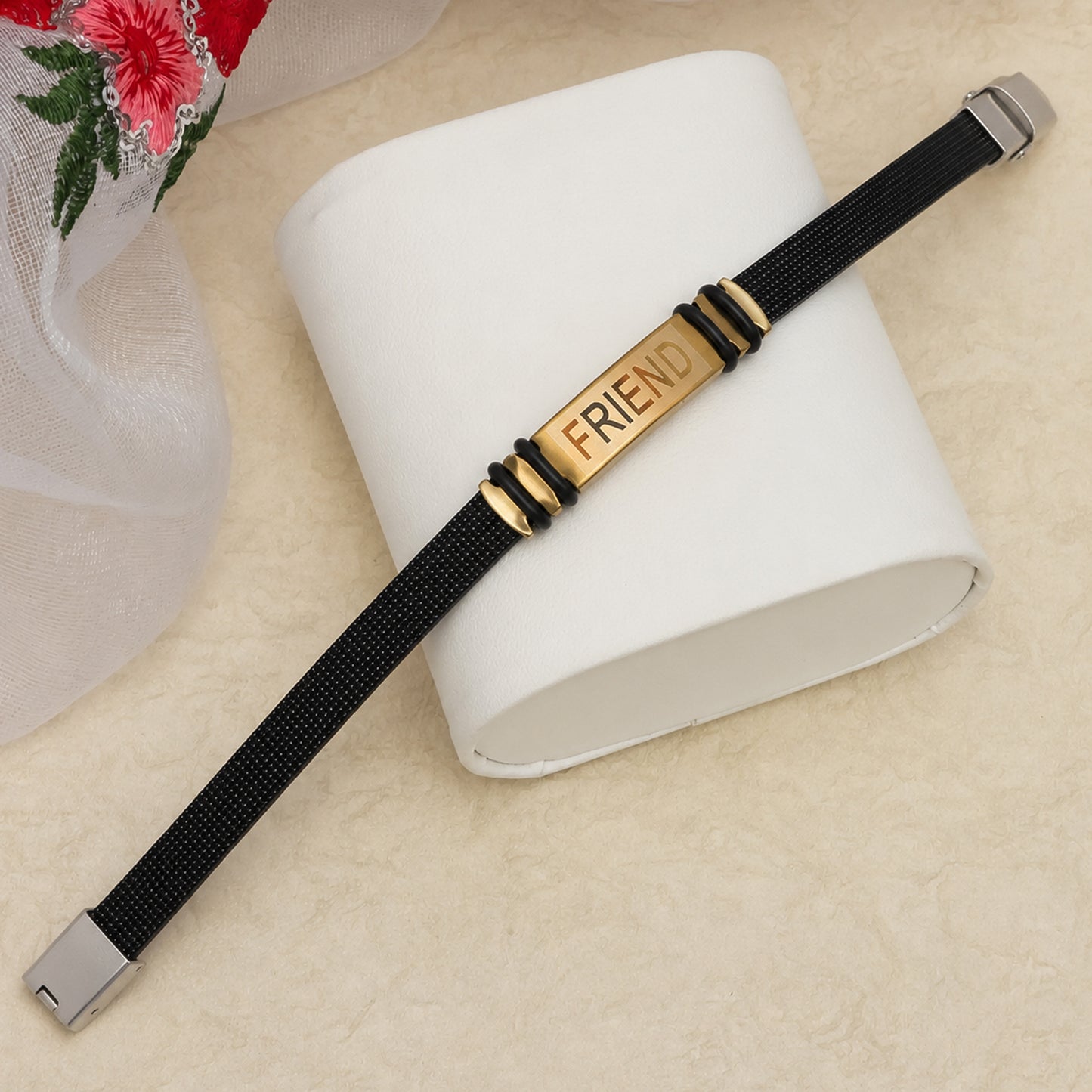 FRIEND Bracelet Rakhi with Black Band and Gold Name Plate for Raksha Bandhan Gift