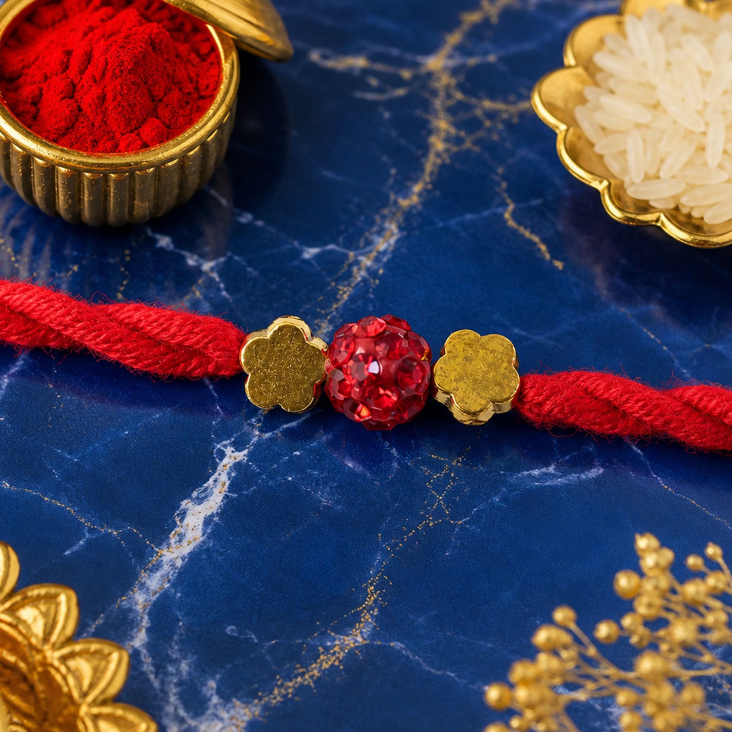 Red Thread Rakhi with Sparkling Red Ball Bead and Gold Flower Accents