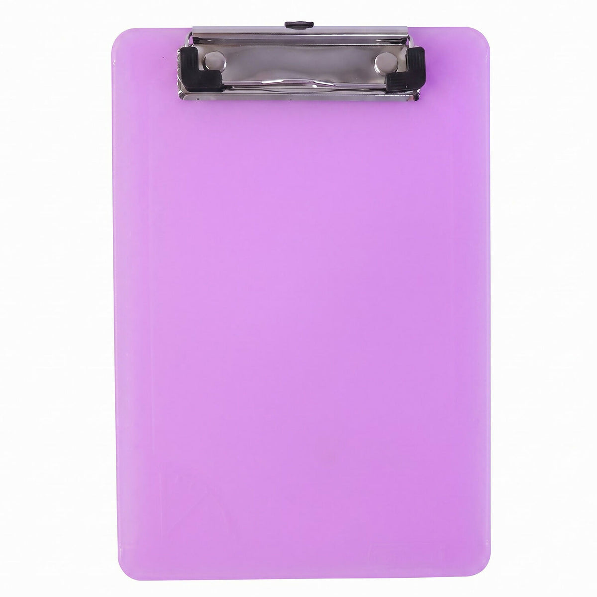 A simple, rectangular purple plastic clipboard with a black and silver metal clip is centered on a white background.