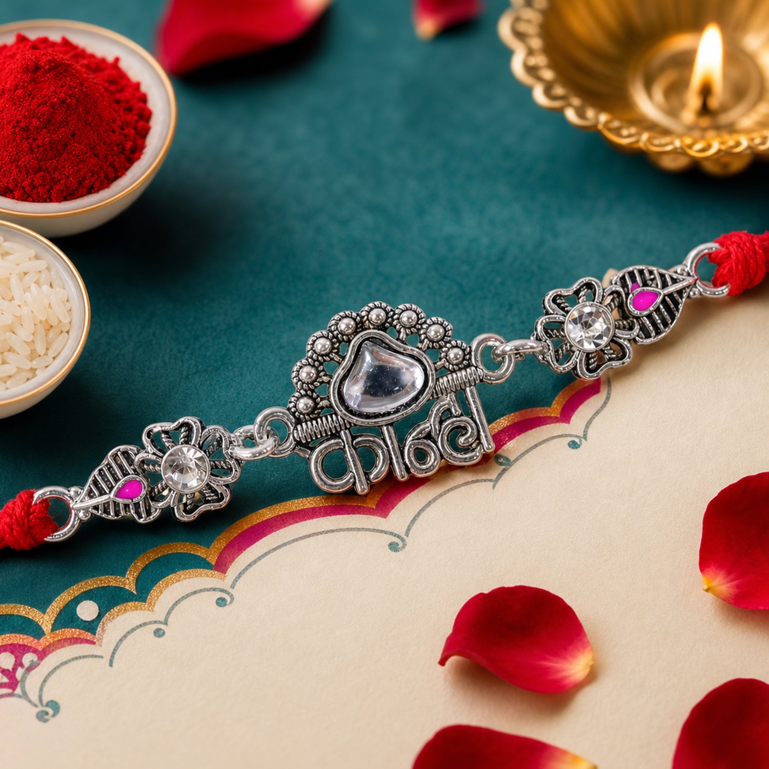 Silver-Toned Kanha Rakhi with Kundan-Style Stone, Crystal Accents & Designer Red Thread
