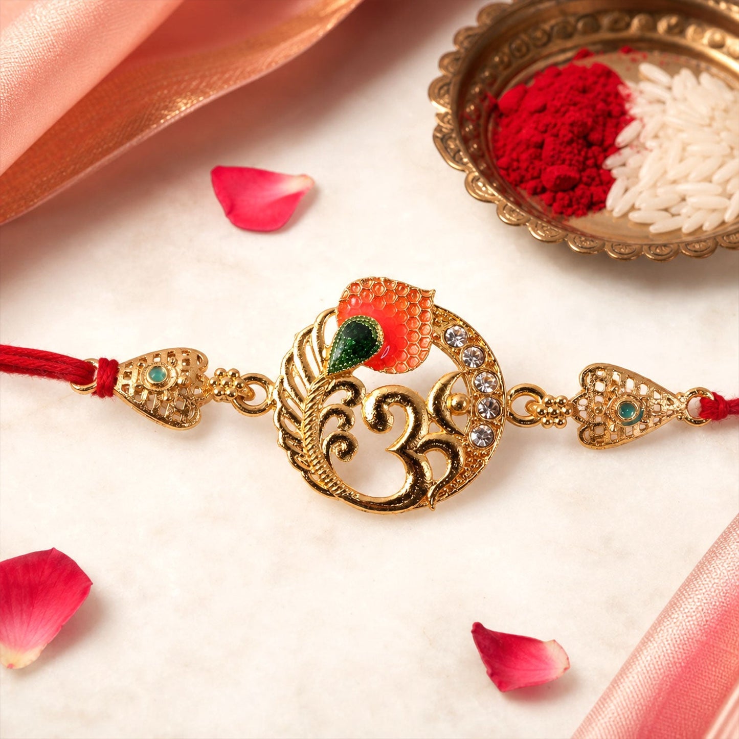 Om Peacock Designer Rakhi with Kundan Beaded Detail (5pcs)