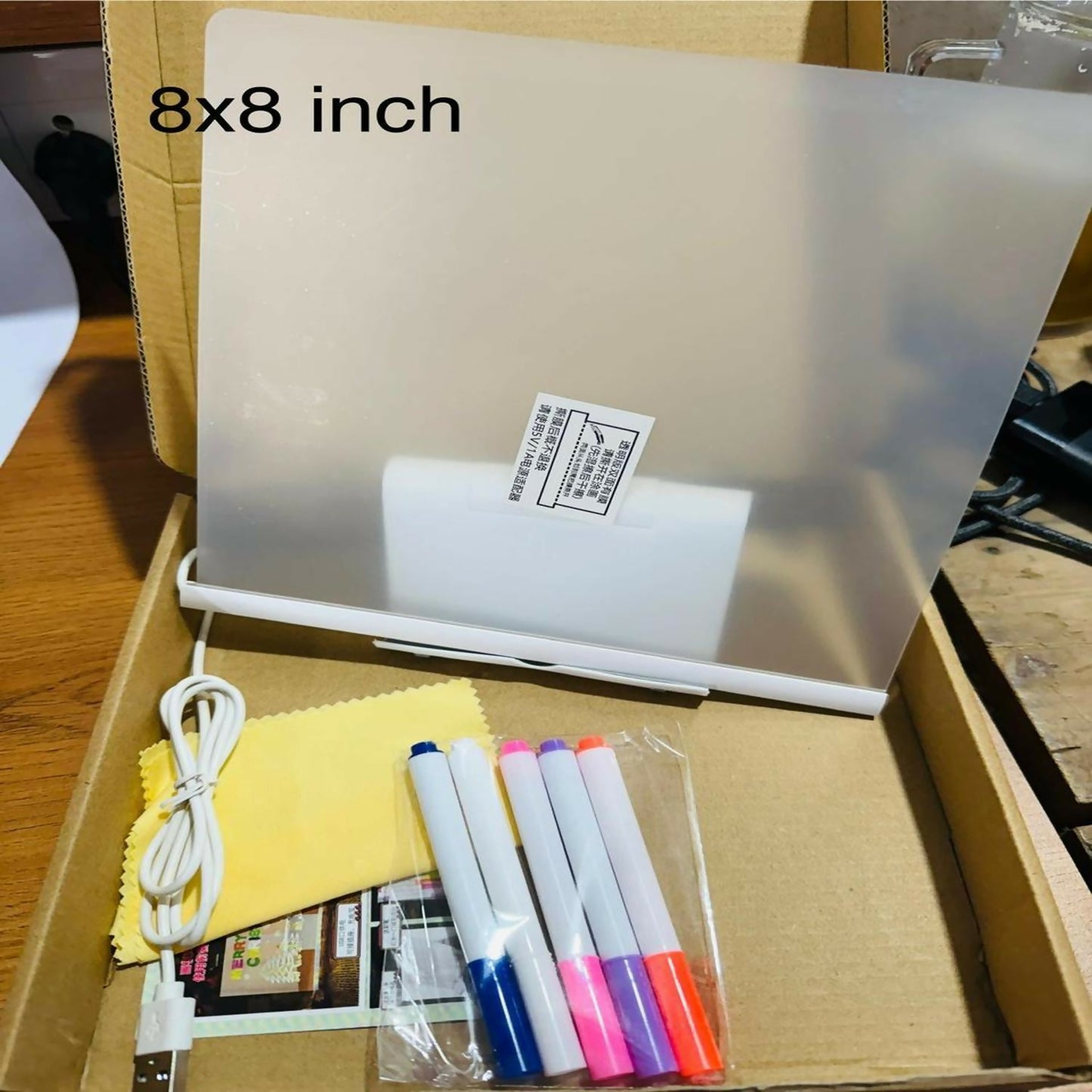 LED Message Writing Board 8x8 Inch with 6 Neon Color Markers, USB Powered Light Up Drawing Pad with Erasable Acrylic Surface for Kids, Birthday Parties, Restaurants, Cafés & Home Décor