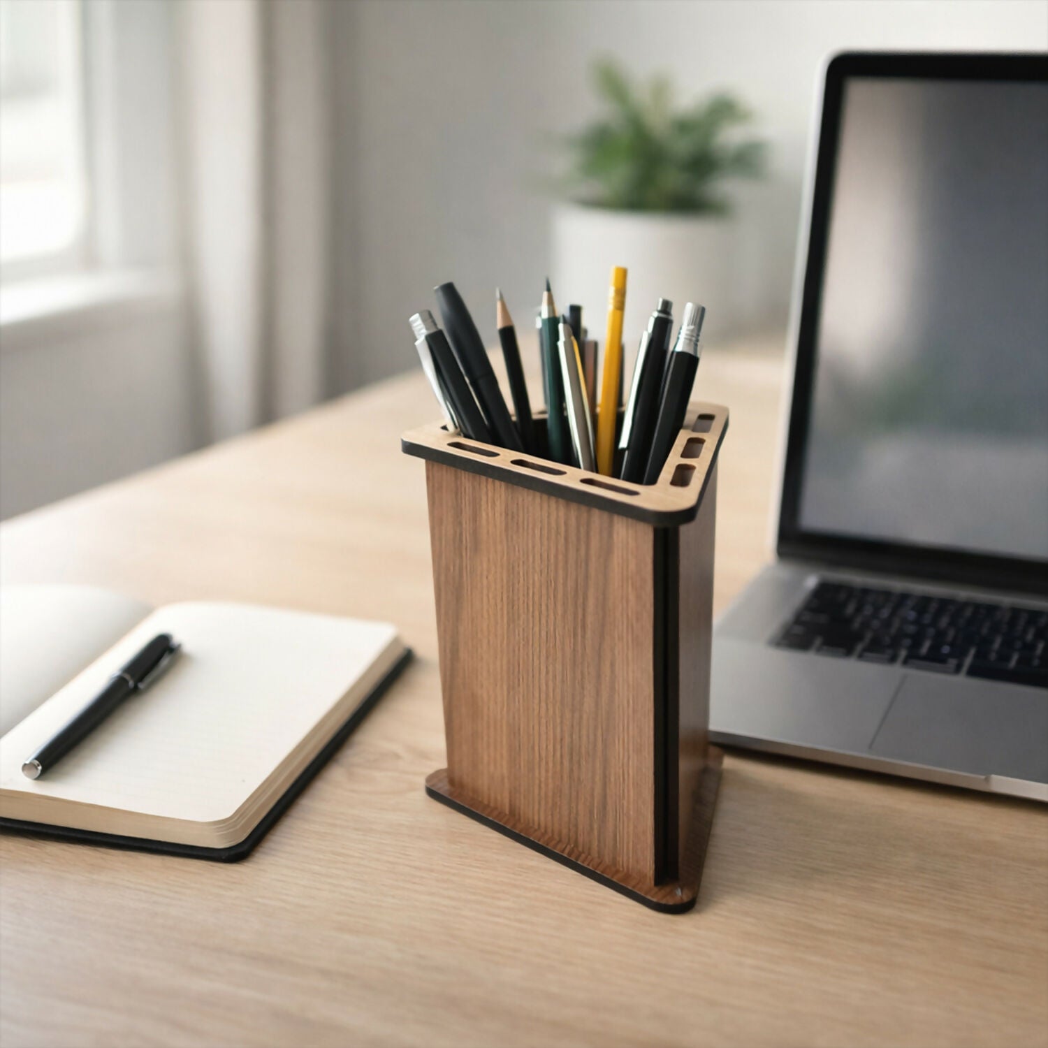 Triangular Wooden Pen Stand for Office Desk & Study Table – Compact Desktop Size