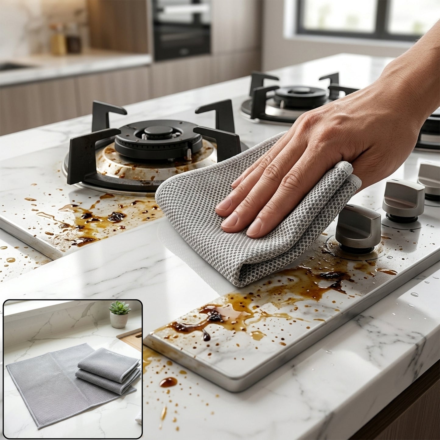 Dual Sided Microfiber Cleaning Towel for Kitchen Countertop Gas Stove (3 Pc Set)