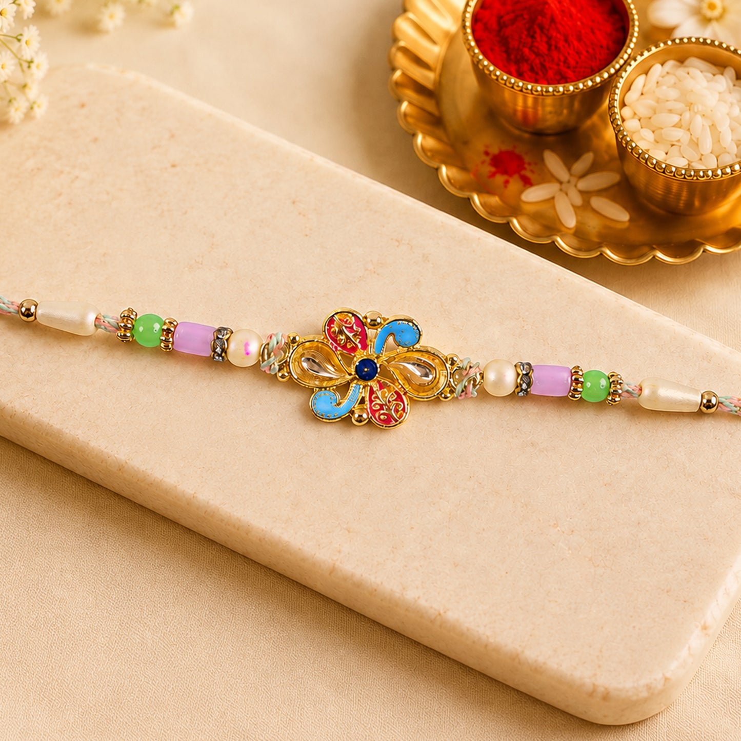 Ornate Rakhi featuring Petal Blossom Charm and bead line in gift style for Gift Use