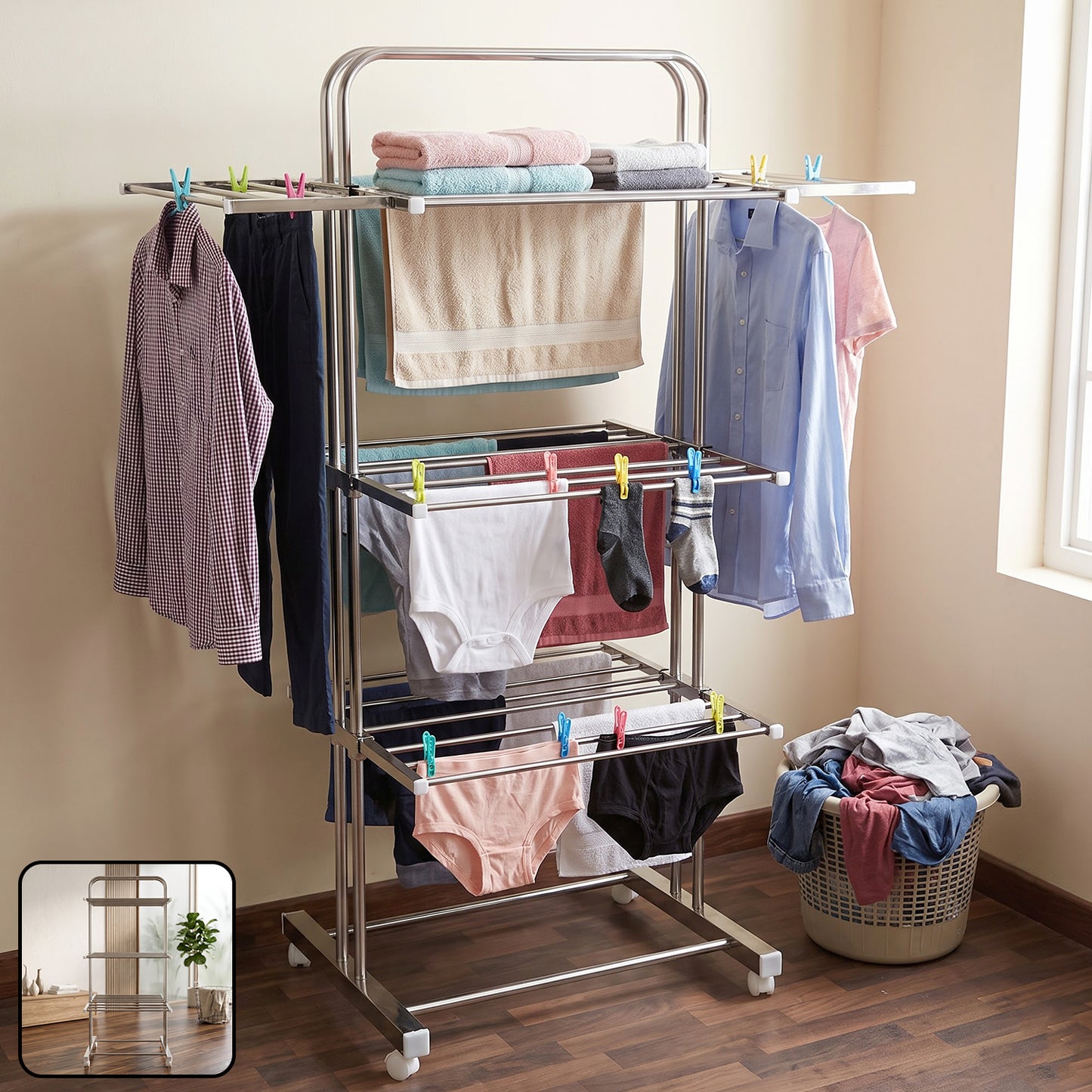 Stainless Steel Clothes Drying Stand – Foldable 3-Layer Rack with Wheels