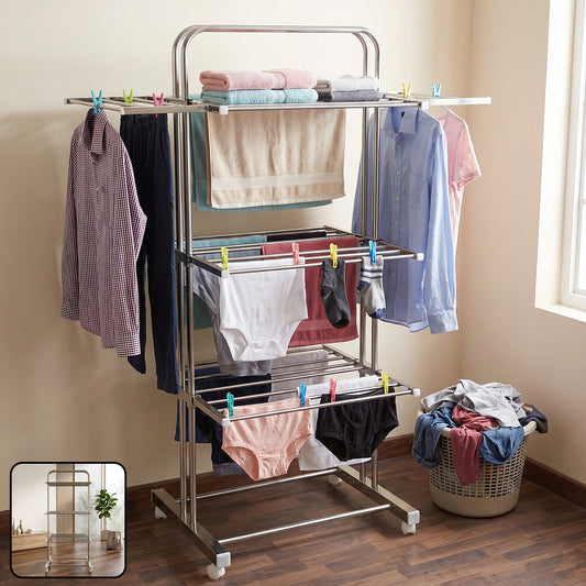 Stainless Steel Clothes Drying Stand – Foldable 3-Layer Rack with Wheels
