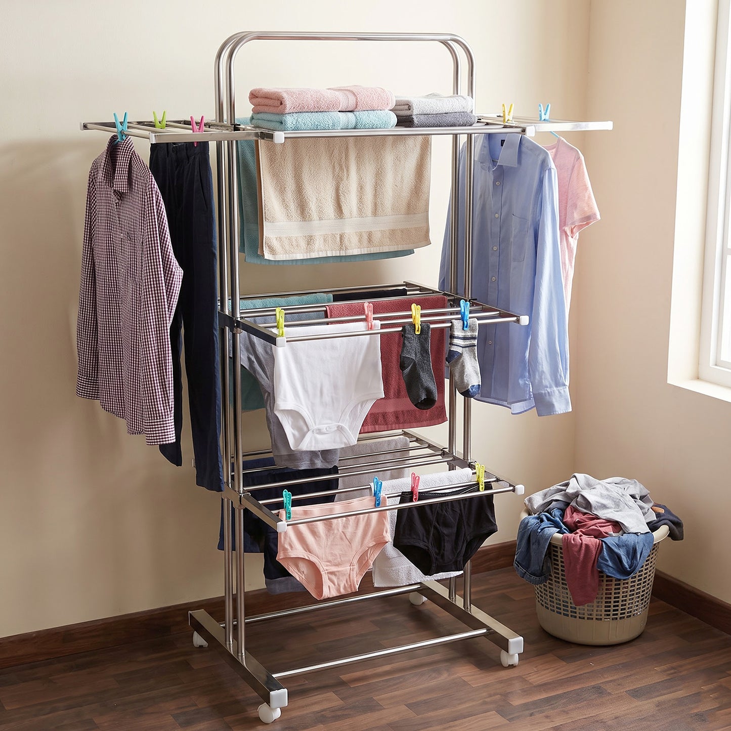 Stainless Steel Clothes Drying Stand – Foldable 3-Layer Rack with Wheels