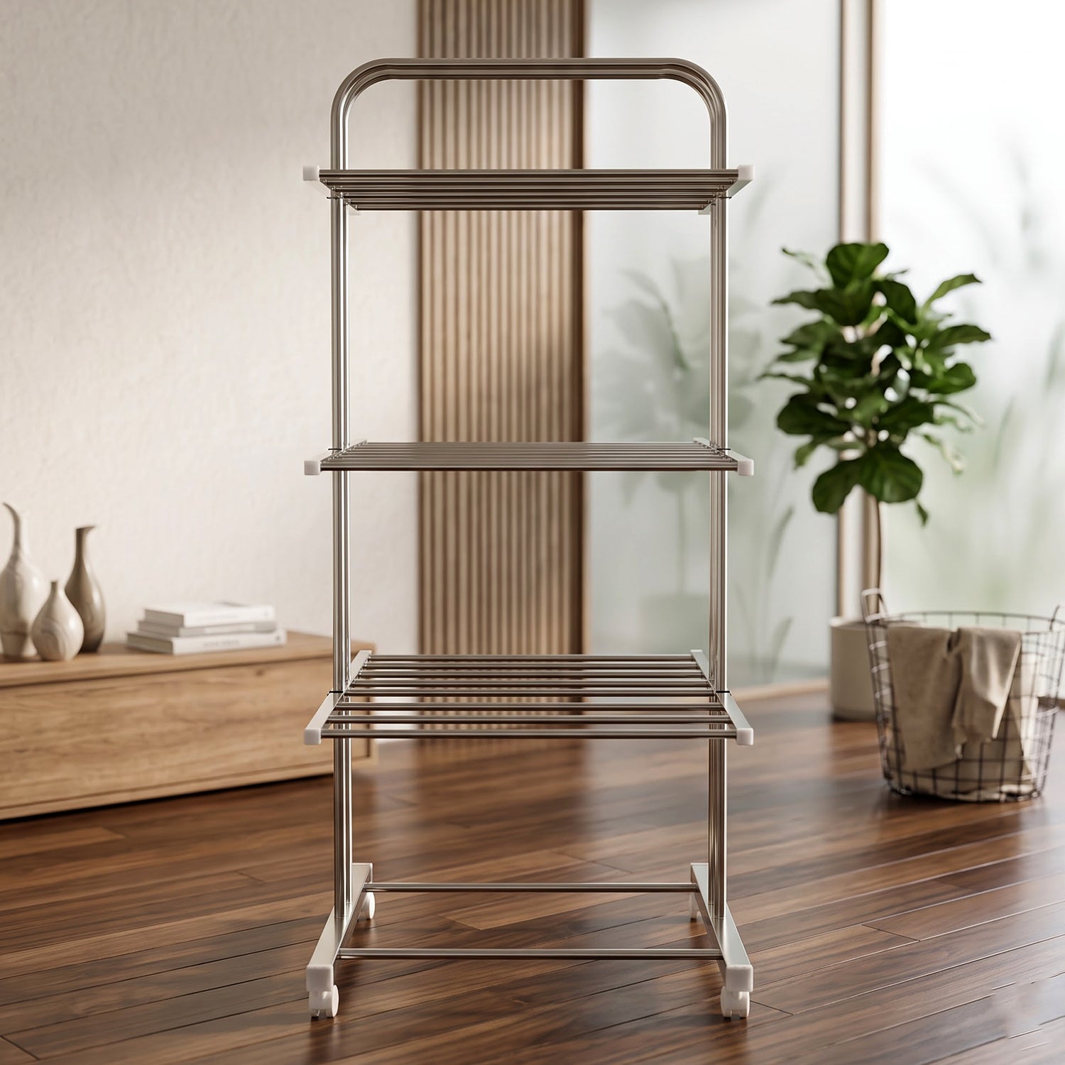 Stainless Steel Clothes Drying Stand – Foldable 3-Layer Rack with Wheels