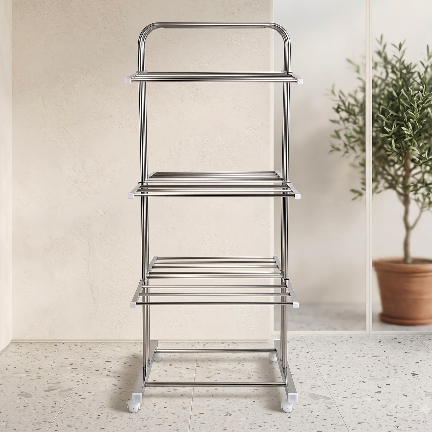 Stainless Steel Clothes Drying Stand – Foldable 3-Layer Rack with Wheels