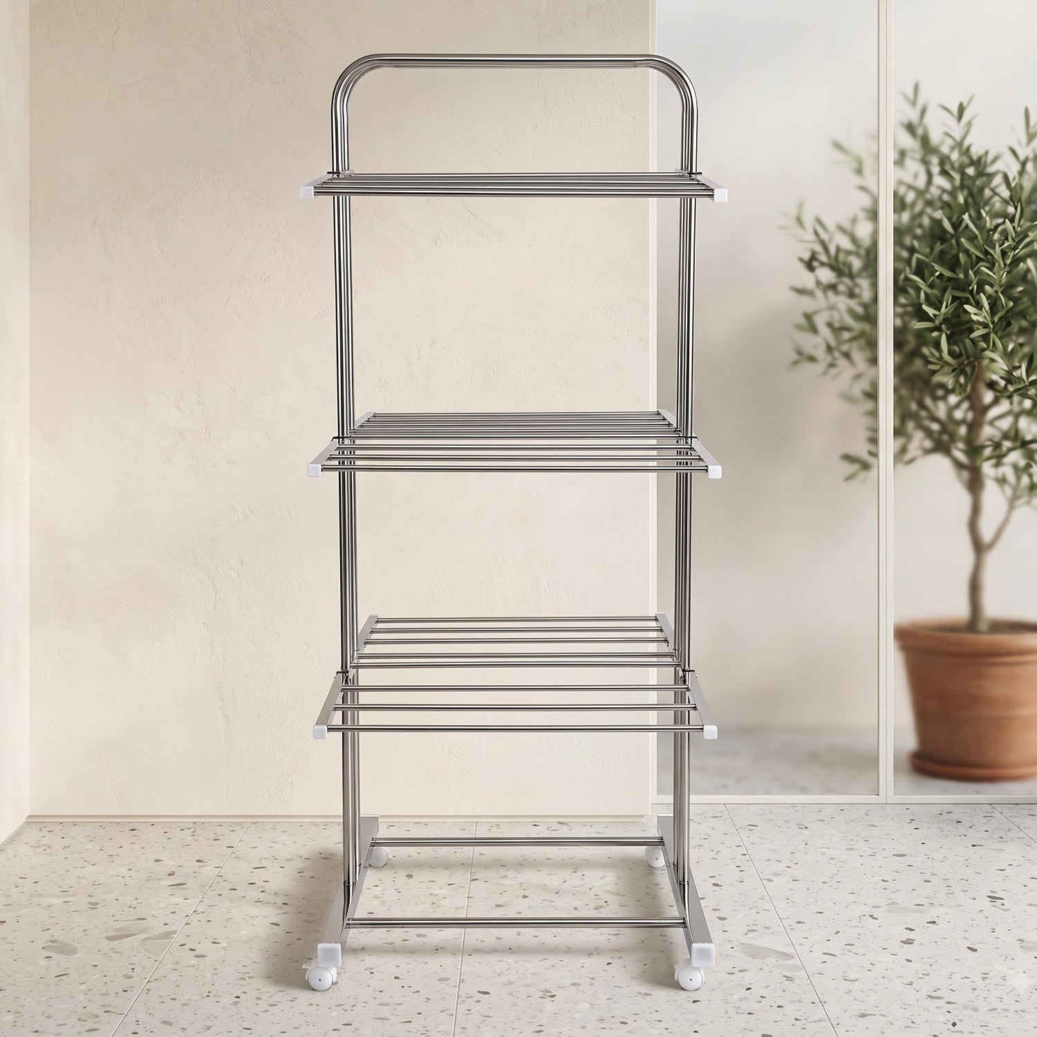 Stainless Steel Clothes Drying Stand – Foldable 3-Layer Rack with Wheels