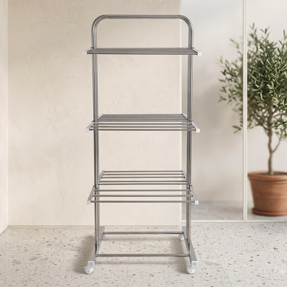 Stainless Steel Clothes Drying Stand – Foldable 3-Layer Rack with Wheels
